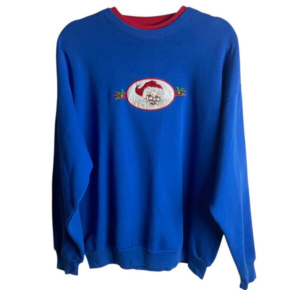 Vintage M&C Sportswear L Crew Neck Sweatshirt Embroidered Santa Blue Christmas - Picture 1 of 7